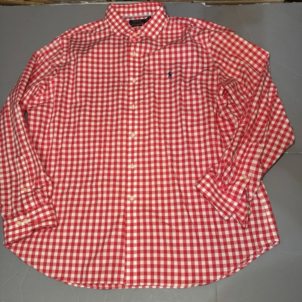 Polo Ralph Lauren Shirt XXL 2XL Non Iron Gingham Plaid Red Long Sleeve Button